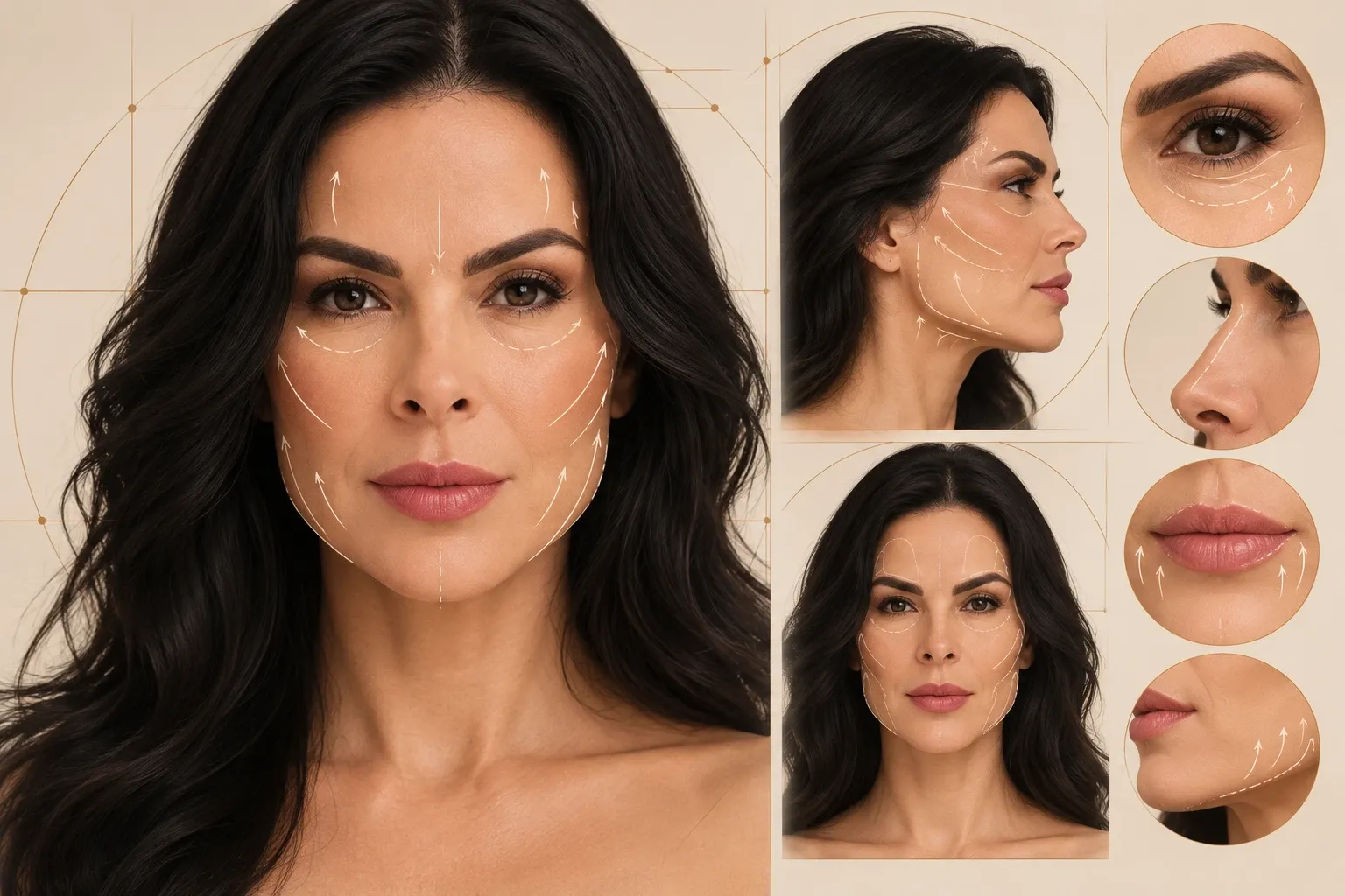 Imagem ilustrativa: rosto feminino com linhas de planejamento facial e detalhes de olhos, nariz, lábios e queixo